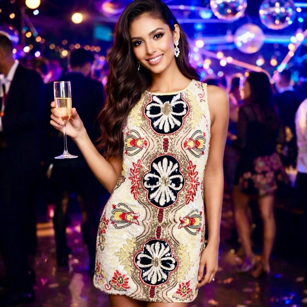 Needle & Thread Dress Sequined Embroidered Fully Embellished Ecru Bling Cocktail